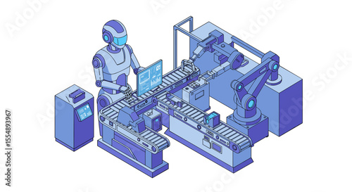 Automated robotics in manufacturing: futuristic isometric vector illustration for tech posters