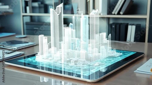 Digital rendering of modern city buildings in wireframe outline projected from tablet, representing urban development and digital design