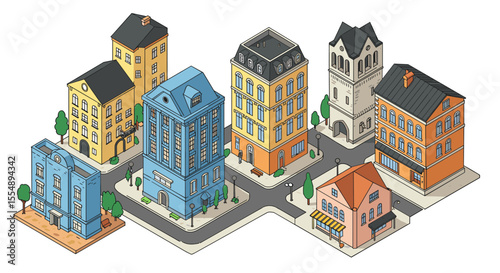 Isometric cityscape vector illustration: urban architecture for design and print