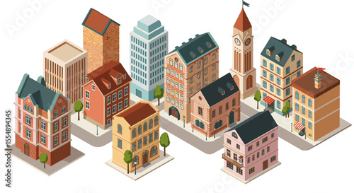 Isometric vector illustration of a charming vintage townscape for architectural design