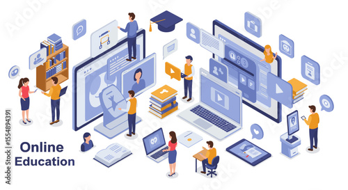Isometric online education vector illustration for digital learning and e-learning design