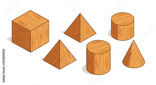 Wooden geometric shapes vector illustration: educational design for learning and teaching geometry
