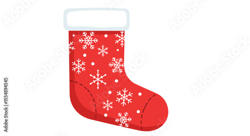 Christmas stocking design: red snowflake vector illustration, flat holiday decor for card or print