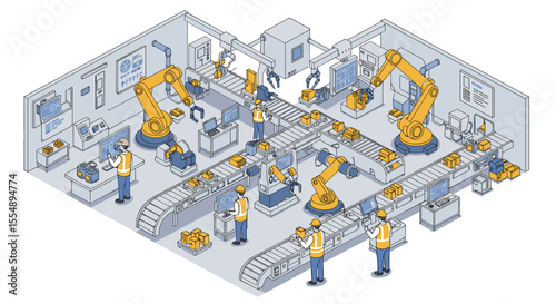 Isometric factory automation vector illustration for industry design and technology scenes
