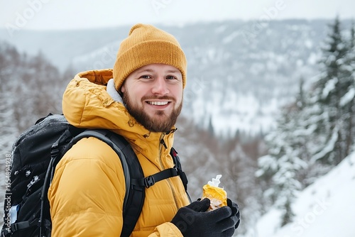 Happy hiker enjoying a snack in snowy mountains