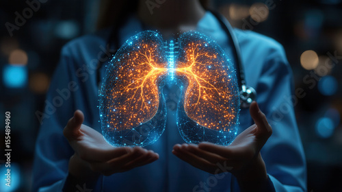 glowing lungs in doctor’s hands with medical technology interface on clean background 