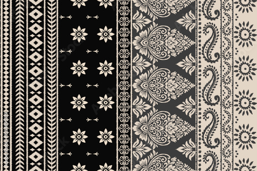 Floral Embroidery Saree Pattern in Traditional Ethnic Ikat Style, Seamless Abstract Fabric Design for Clothing Wrapping and Decoration, Ornamental Textile Motif Vector.
