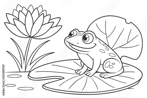 Cute frog sitting on the lotus leaf cartoon outline coloring page for kids