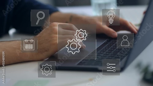 Animation of technology and business process Hyperautomation with digital interface icons
