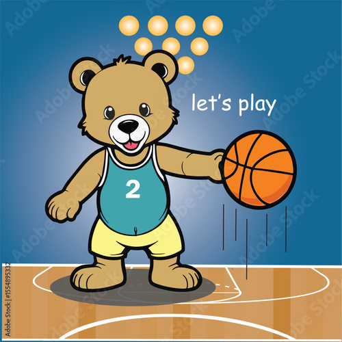 Cute cartoon bear in jersey holding basketball on court saying let's play