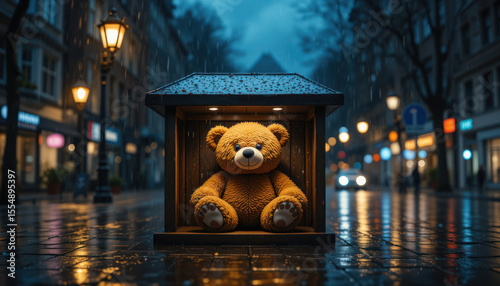 Fototapeta Naklejka Na Ścianę i Meble -  A teddy bear sits inside a small wooden shelter on a wet city street at night, reflecting city lights.