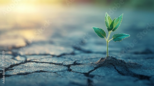 Sprout grows in parched cracked earth, hopeful sunbeam