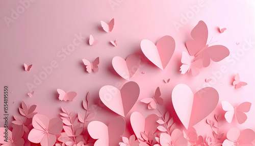 Delicate Pink Hearts and Butterflies Paper Cutout Art on Light Backdrop