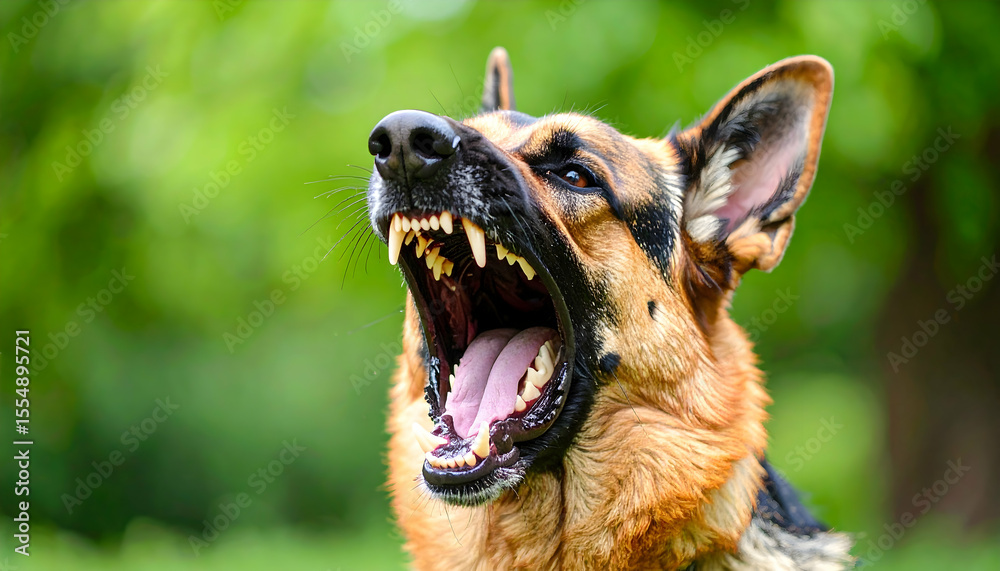 Fototapeta premium Fierce Dog with Mouth Open Showing Teeth in Outdoor Setting