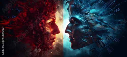 pop surreal unreal silhouettes spiral towards angel vs devil, ai generatif