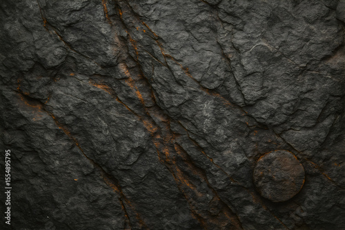 Dark Rugged Rock Texture with Natural Orange Streaks and Rounded Formation