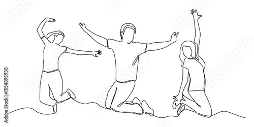  Continuous line art of happy work team isolated on white background. 3 Jumping office friends line art.