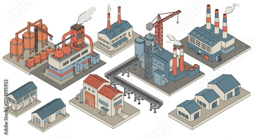 Industrial complex isometric vector illustration: factories and buildings design for print and poster
