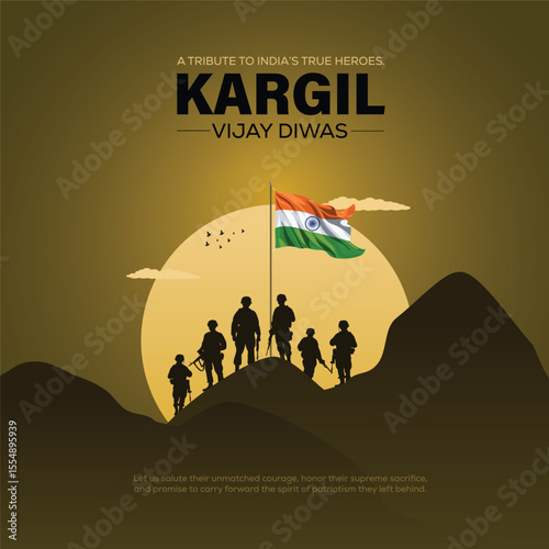 Happy kargil vijay diwas. Creative vector illustration of Indian army with flag on mountains.