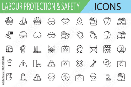  A set of Labour Protection & Safety icons, illustrating essential workplace safety equipment and symbols. The collection includes icons for helmets, goggles, gloves, first aid kits, fire extinguisher