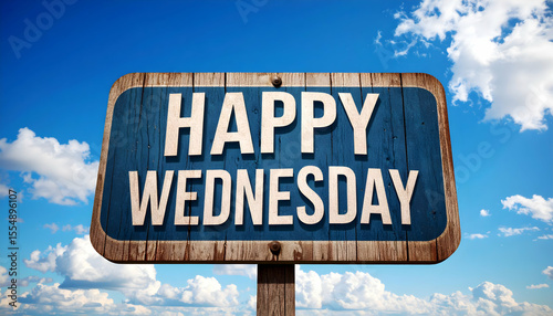 Happy Wednesday Sign on Wooden Post Under Blue Sky with White Clouds