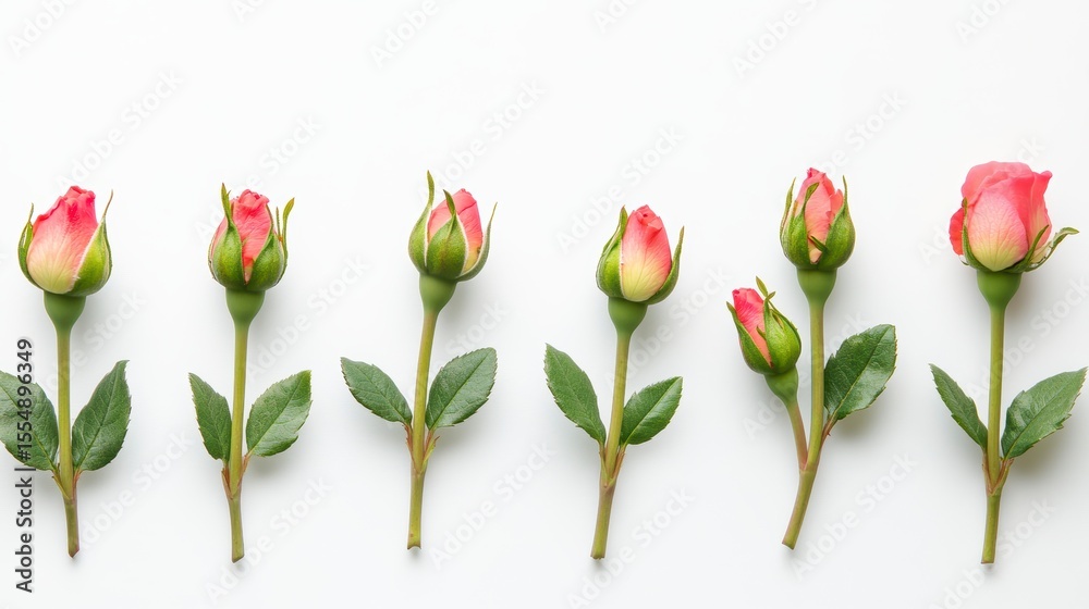 Obraz premium Seven small pink rosebuds arranged in a row on white background.