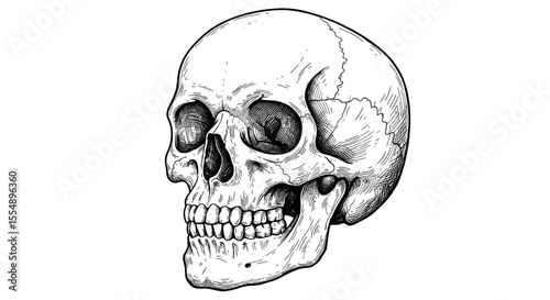Intricately detailed human skull vector illustration in vintage style for tattoo design