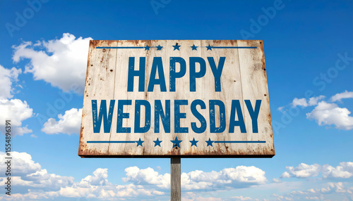 Rustic Sign with Happy Wednesday Text Against Bright Blue Sky