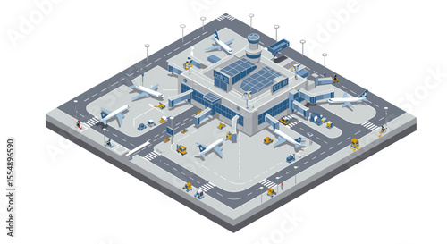 Isometric vector illustration of modern airport terminal scene for graphic design and poster use