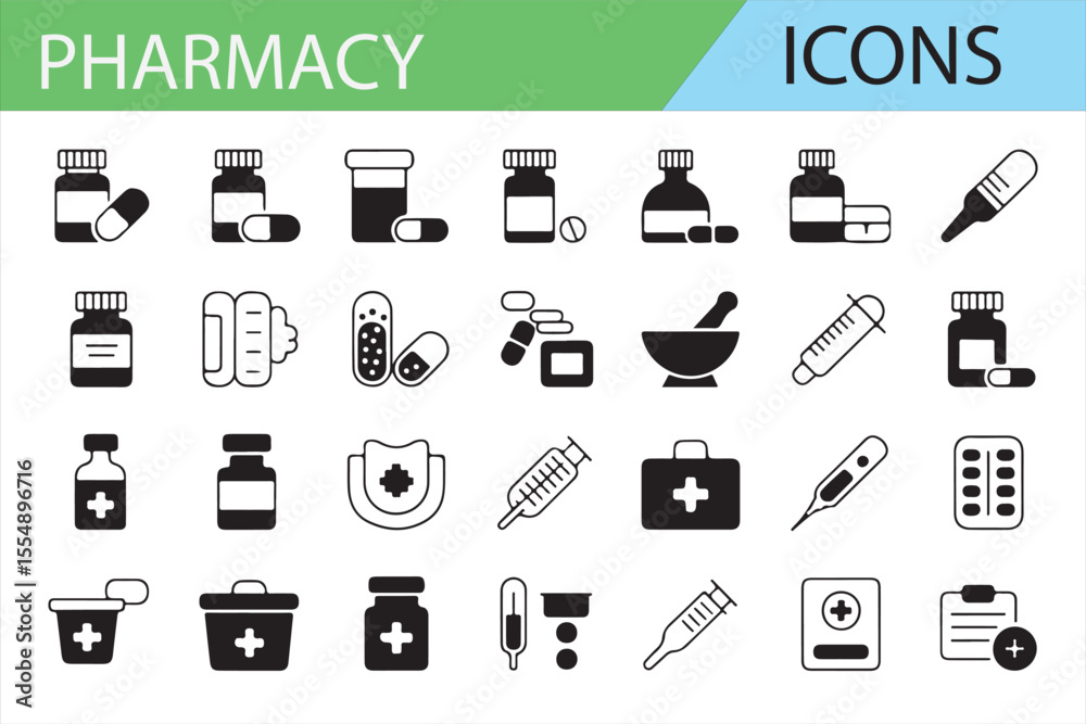 Pharmacy and Health Icons: Prescription, Medicine, Healthcare Tools, and Equipment Pharmacy and Health Icons: Prescription, Medicine, Healthcare Tools, and Equipment