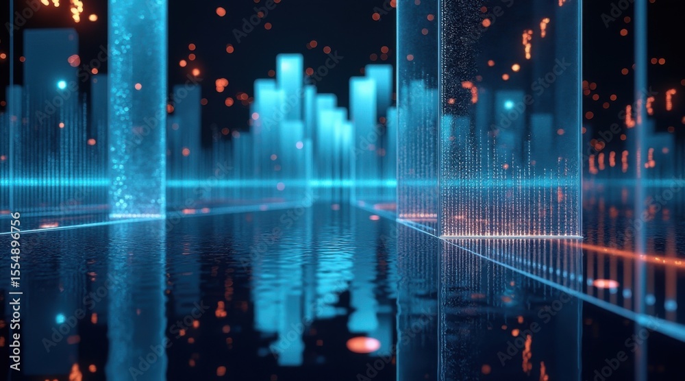 Fototapeta premium A futuristic digital cityscape with glowing blue holographic buildings and orange data points reflected on a sleek surface.