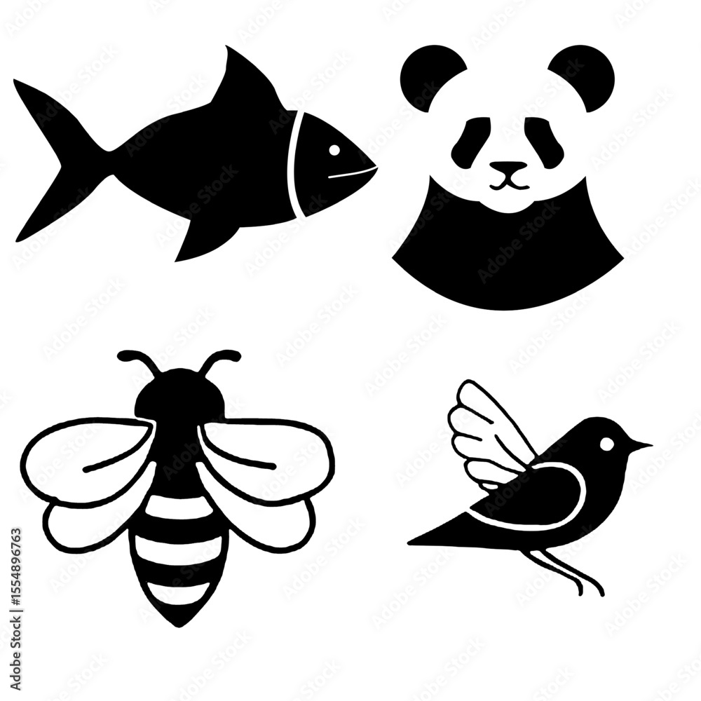 Fototapeta premium silhouette vector icon set: fish, panda, bee, bird