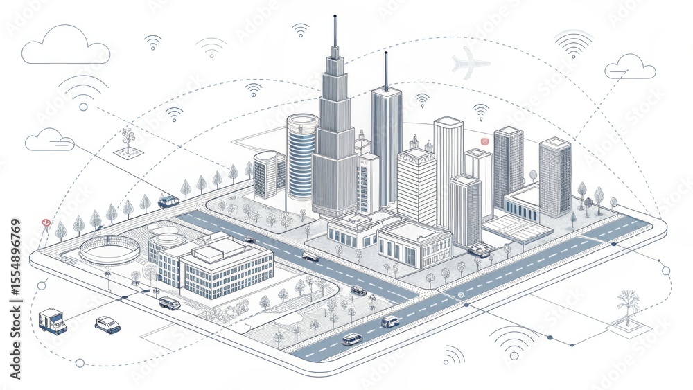 Obraz premium A digital cityscape on a tablet, illustrating smart city technology with buildings, roads, vehicles, and wireless connectivity icons.