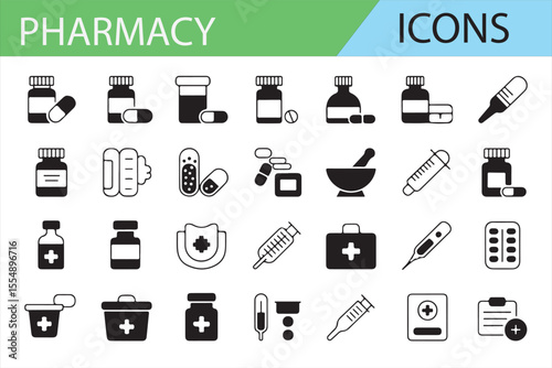 Pharmacy and Health Icons: Prescription, Medicine, Healthcare Tools, and Equipment