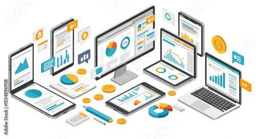 Digital financial analysis vector illustration: isometric design for data presentation and reports