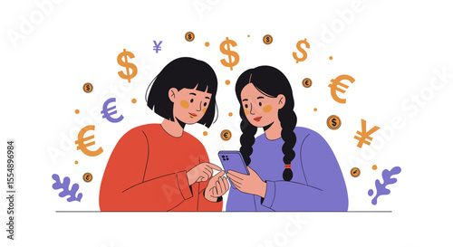 Currency exchange vector illustration: friends discussing finances in flat style for digital design