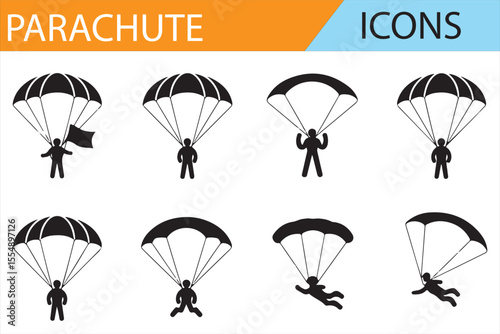 Flat Design Parachute Icons for Adventure Sports and Aerial Activities