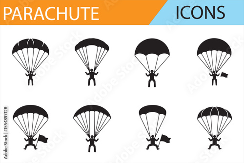 Vector Icons of Parachutists, Parachutes, and Extreme Sports Activities