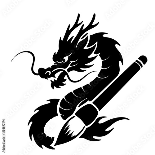 Black and White Dragon with Paintbrush Illustration, Vector Design