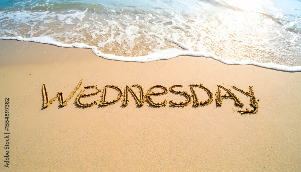 Fototapeta premium Wednesday Written in Tan Sand on Sunny Beach with White Waves