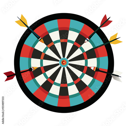 Illustration of a dartboard with multiple colorful darts, presented in a flat design style with a transparent background.