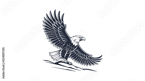 Majestic Bald Eagle Landing: Vintage Style, Dark Monochrome Illustration, Powerful Symbol of Freedom and Strength.