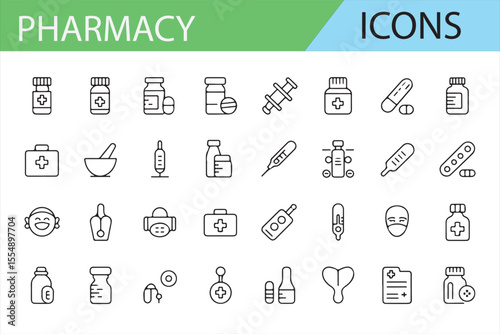 Vector Icons for Pharmacy, Medicine, Treatment, and Medical Care