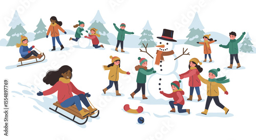 Winter fun vector illustration: children building snowman in the snow for holiday card design, flat style