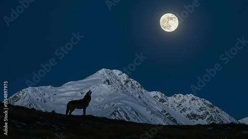 Silhouette of a wolf howling at the moon over snow-capped mountains.
