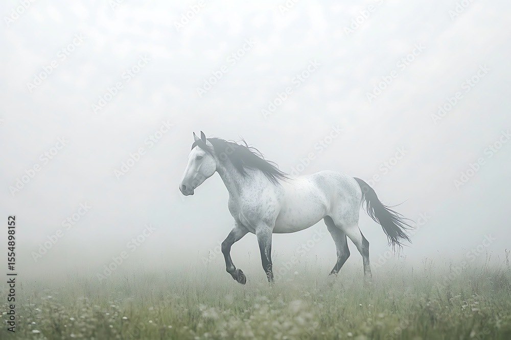 Obraz premium White Horse Galloping Through Misty Field
