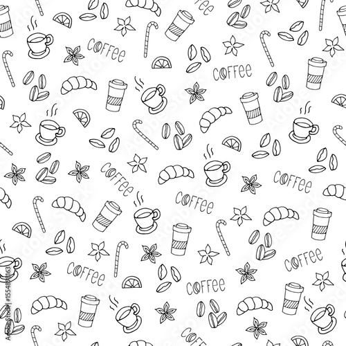 Seamless pattern of glassware, cakes, sweets, coffee beans, lemon slices. Handmade vector illustration for cafe design. Doodle style.