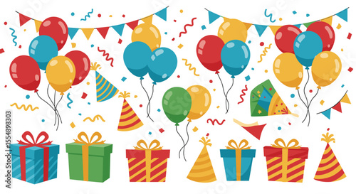 Birthday celebration vector illustration: colorful party elements for festive design