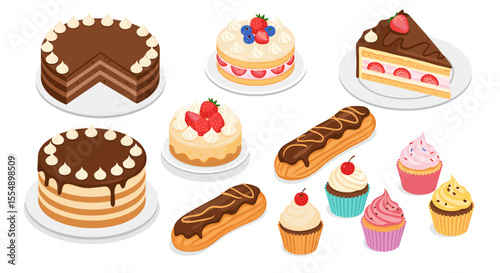 Delicious dessert vector illustration: cakes, cupcakes, and pastries for sweet tooth designs in flat style