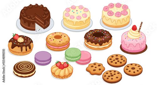Delicious dessert vector illustration: cakes, donuts, macarons, and more in flat style for baking design